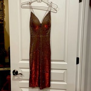 Sparkly holiday dress. Slinky and shimmery. Gold and red tones